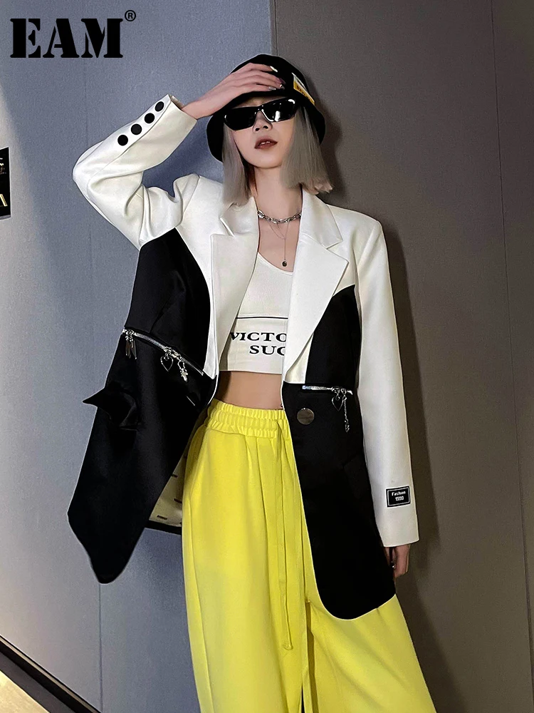

[EAM] Loose Fit Black Color-block Zipper Big Size Jacket New Lapel Long Sleeve Women Coat Fashion Spring Autumn 2023 1DE9679