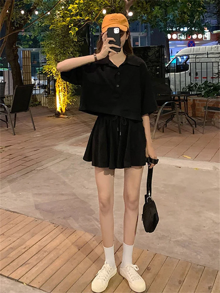 

POLO Collar Two-piece T-shirt Culottes Shorts Summer New Loose All-match Short-sleeved Wide-legged Female Student