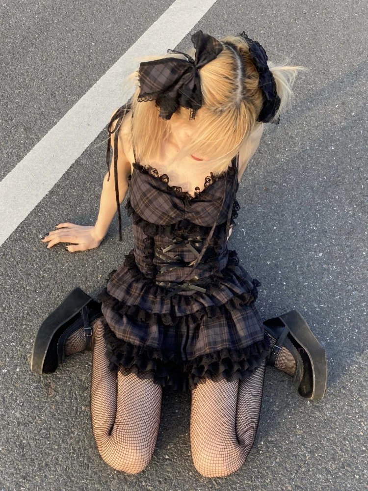 

Summer Gothic Lolita Sling Dress Women Harajuku Sexy Balck Pleated Mini Plaid Dresses Girls Y2K Sleeveless Large Pendulum Dress
