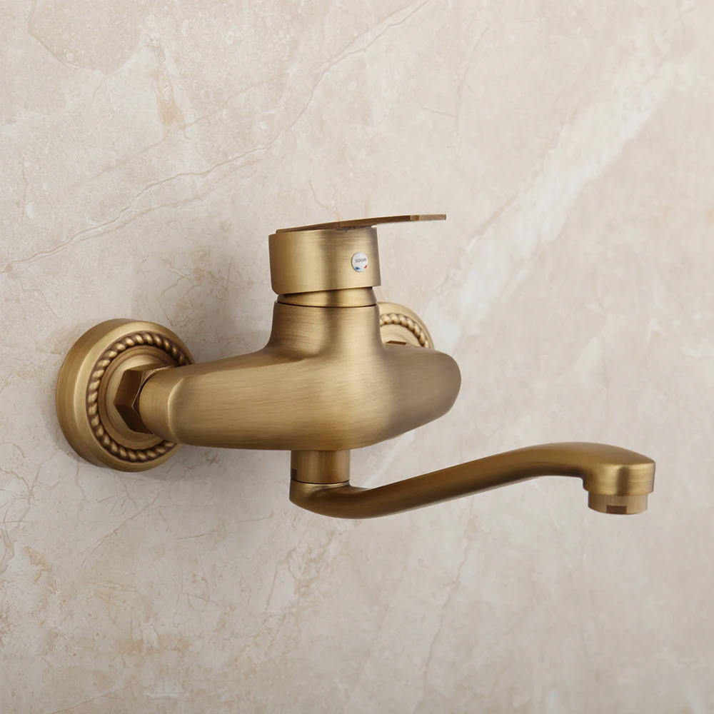 KEMAIDI античный латунный Смеситель для раковины в ванной комнате смеситель для горячей и холодной воды настенный однорычажный 360 поворотные краны Tap