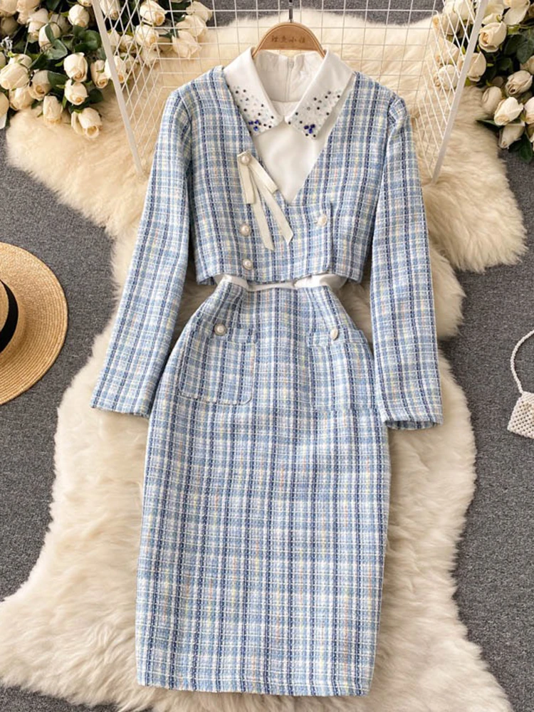 Vintage 2 Piece Set Women Elegant Plaid Tweed Slim Party Dresses Crop Jackets Sleeveless Vestidos Tank Dress Korean Office Suits