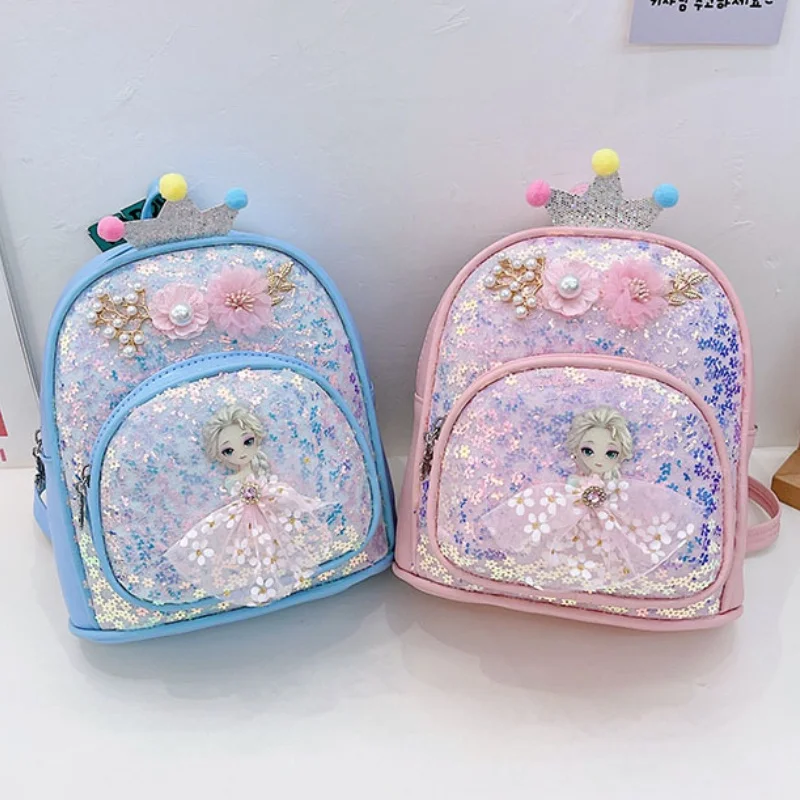 Children Anime Princess Small Backpacks In Kindergarten New Girls Sweet Sequin PU Flower Shoulder Bags with Pearl Drop Shipping