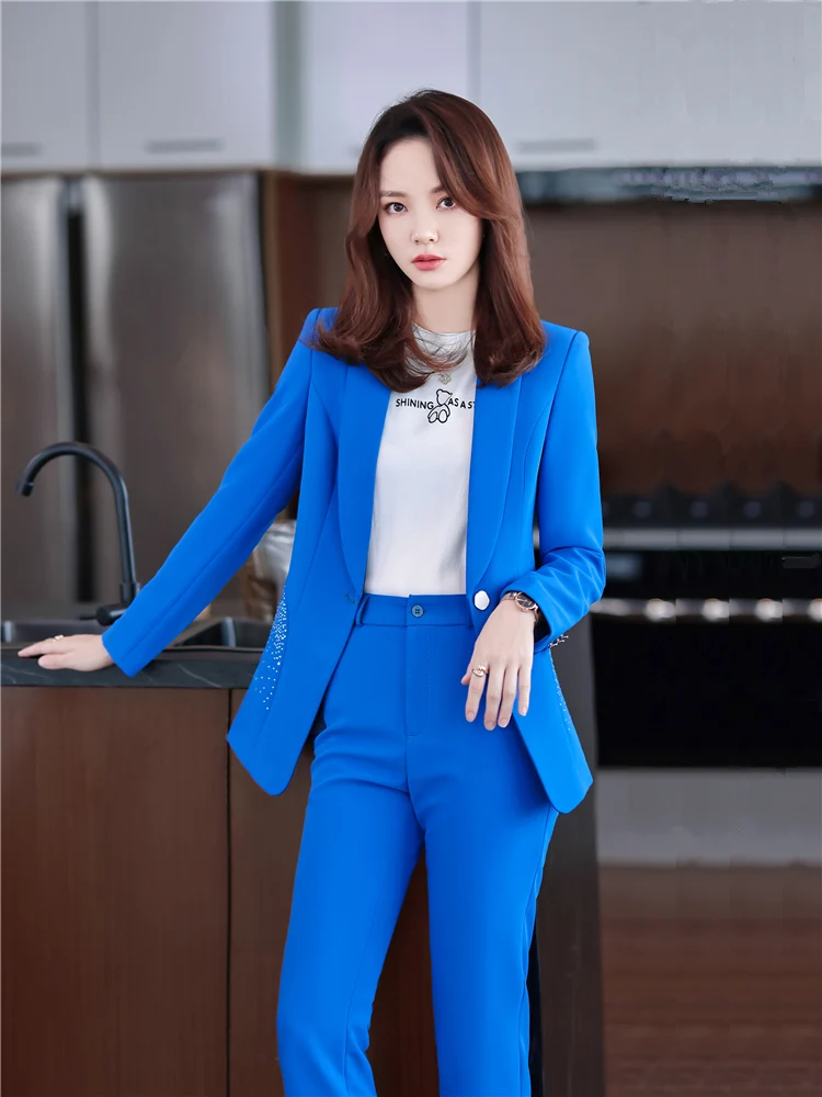 Women's Pant Sets Diamond Fashion Office Ladies Blue White Black Long Sleeve Jacket+Trousers Formal 2 Piece Set Outfit