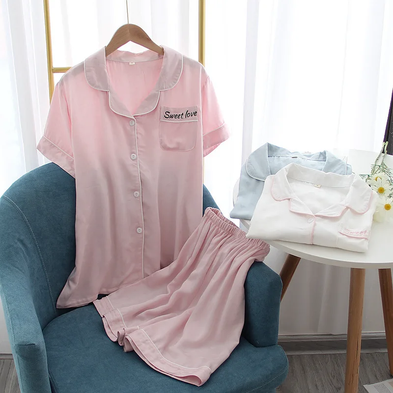Home Clothes Pajamas Set Two-piece Lapel Women Viscose Short-sleeved Shorts Love Summer Smooth Cardigan Letters Sleep Wears Thin
