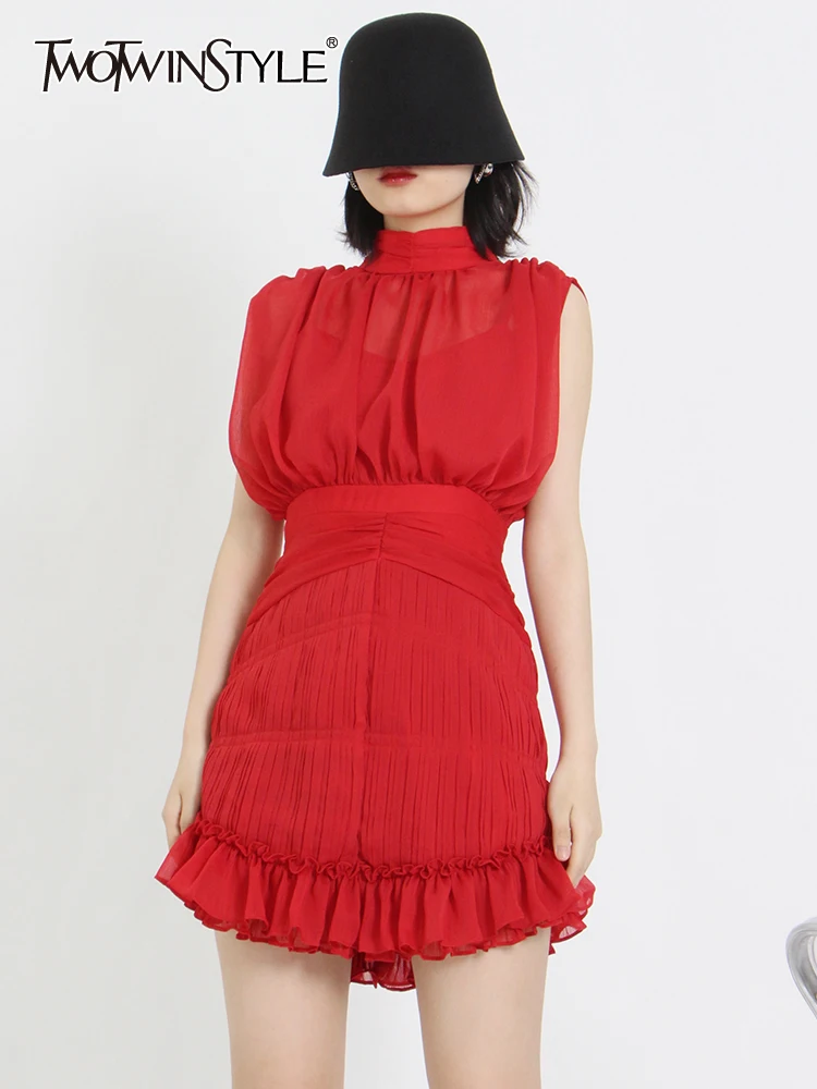 

TWOTWINSTYLE Frill Trim Dress For Women Turtleneck Sleeveless High Waist Solid Minimalist Mini Dresses Female Summer Clothes New