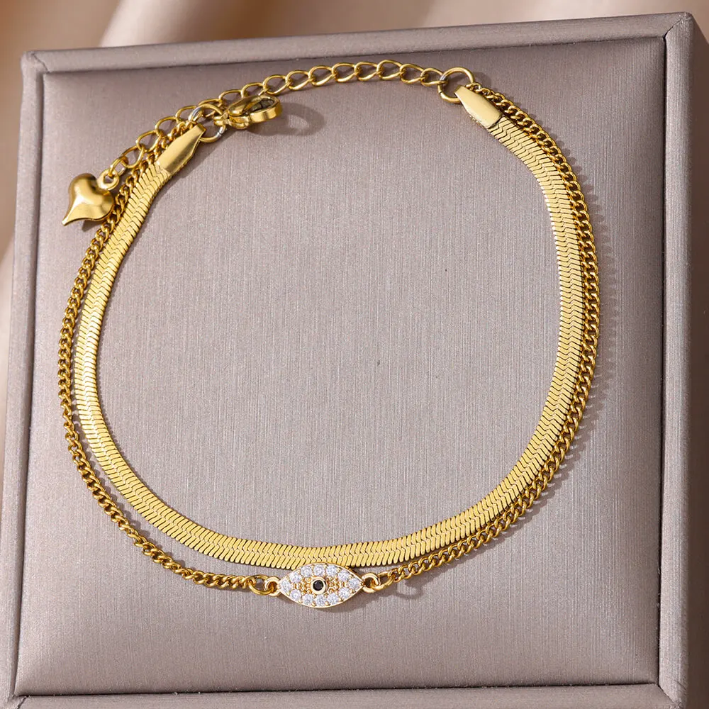 

Zircon Evil Eye Anklets For Women Gold Color Stainless Steel Double Snake Chain Anklet Summer Beach Accessories Jewelry Gift