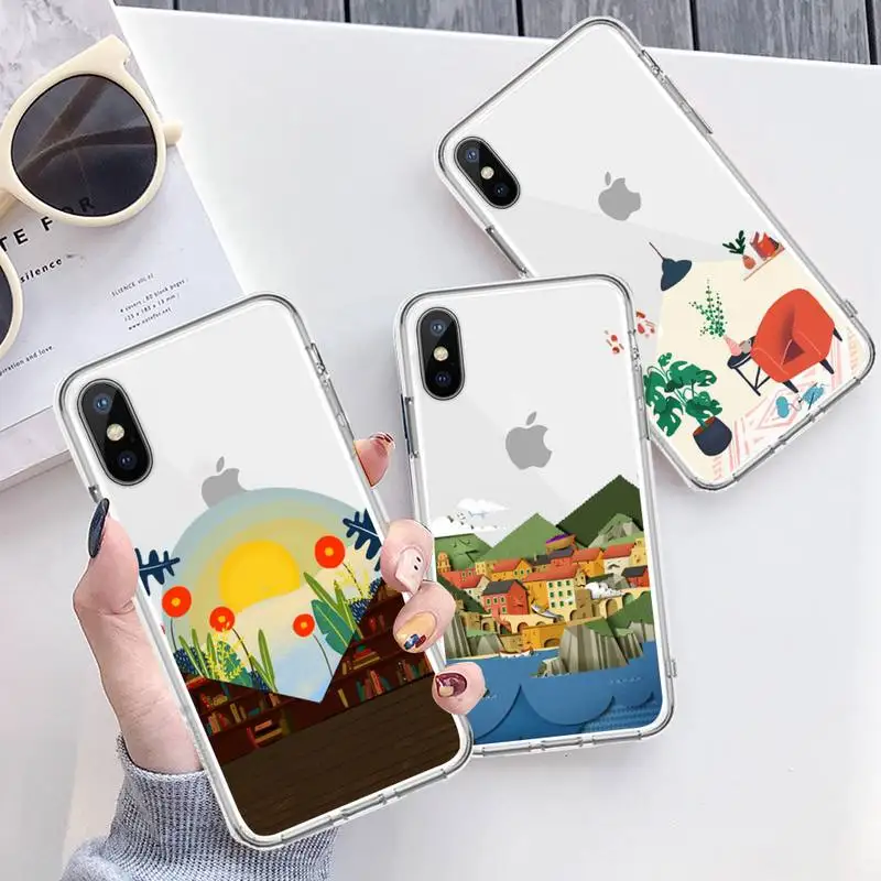 

Hand Painted Town Scene lanscape Phone Case Transparent soft For iphone 12 11 13 7 8 6 s plus x xs xr pro max mini