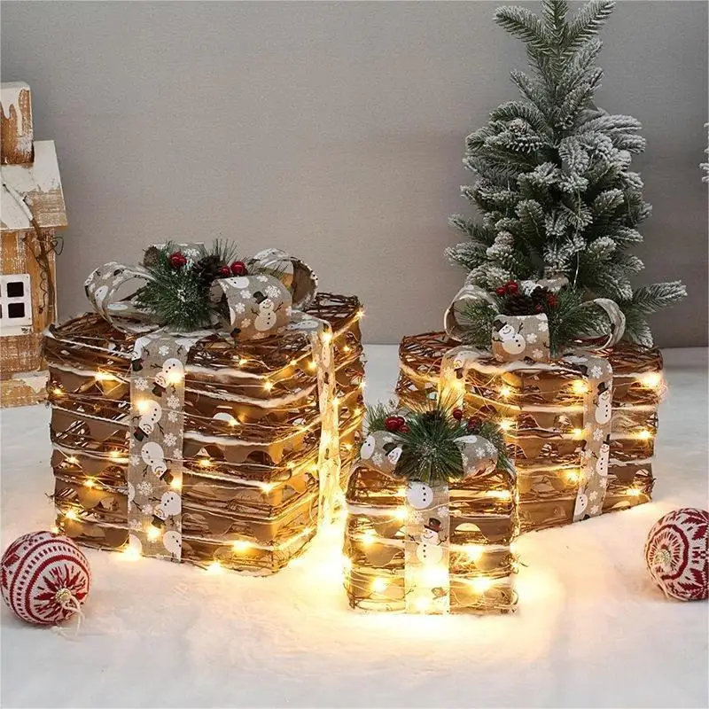 

Рождественский набор из 3 светильник вых ротанговых подарочных коробок, украшения, украшение с теплым белым светом, подарочные коробки для ...