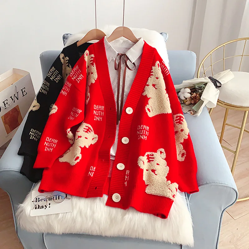 

Korean Cartoon Tiger Jacquard V-neck Knit Cardigan Sweater 2022 Spring Casual Long Sleeve Ladies Knitwear Cardigans Pull Femme