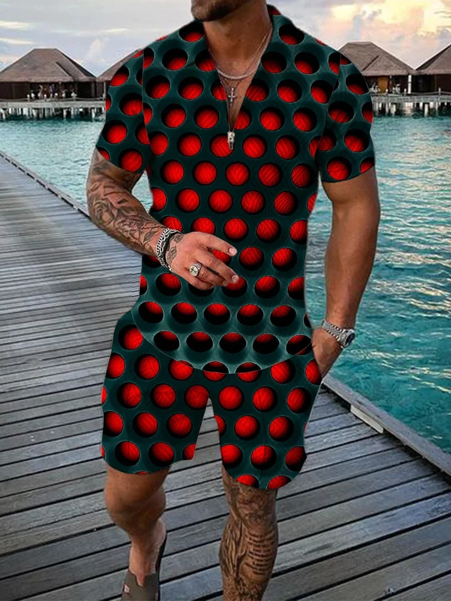 2023 Summer Men's Polo Suit Starry Skies 3D Printed Street Short Sleeved Zipper T-shirts Shorts Two-piece Set Men Clothes