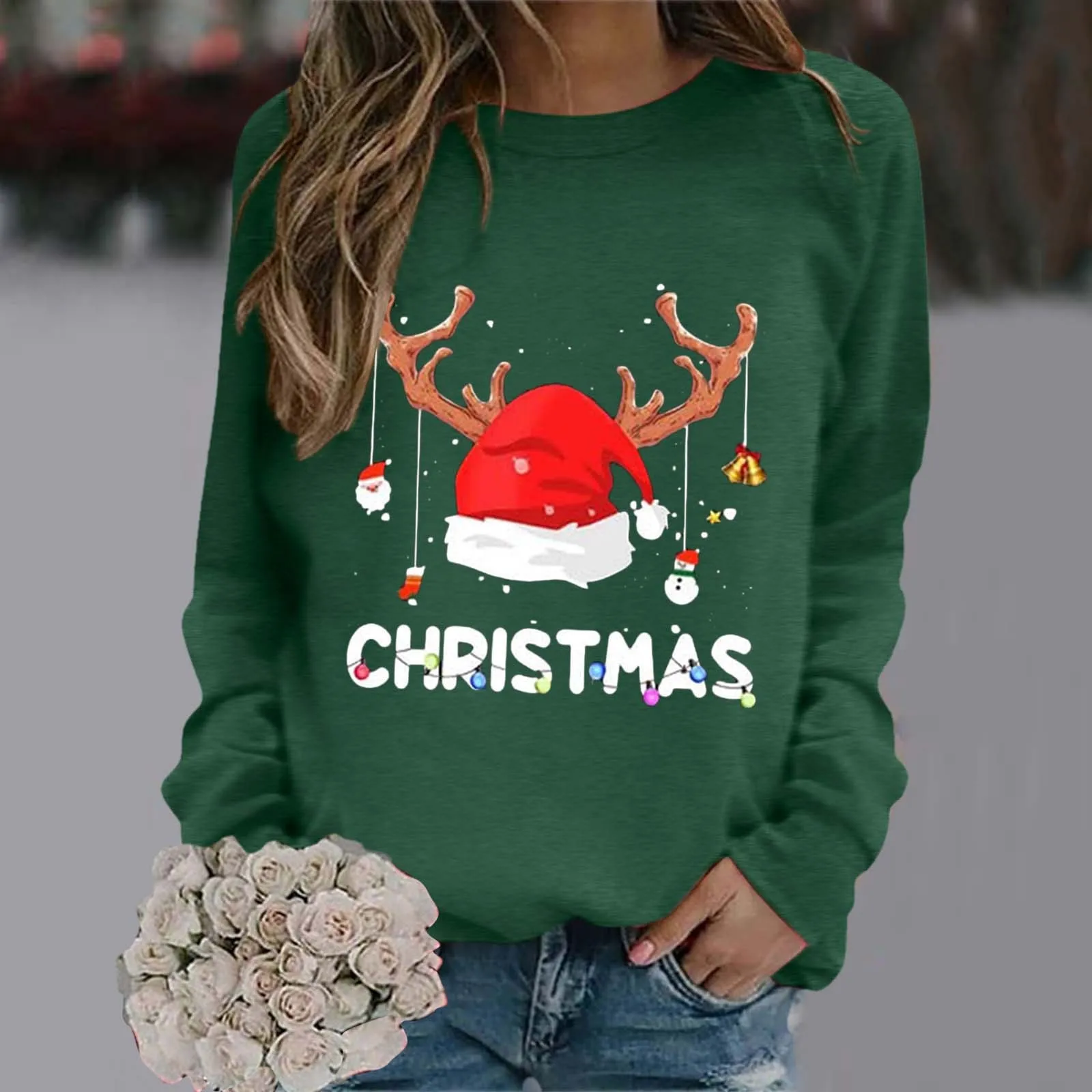 

Womens Christmas Print Hoodless Sweatshirt Long Sleeved Pullover Sweatshirt Oversized Shirt