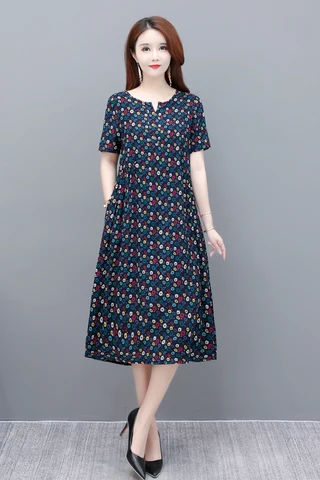 Летнее свободное платье большого размера для матери среднего возраста с коротким рукавом женское длинное платье выше колена с цветочным принтом