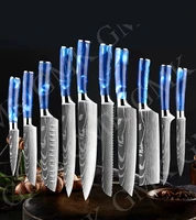 kitchen knives set exquisite blue resin handle laser damascus pattern chef knife santoku cleaver slicing knives cooking tools