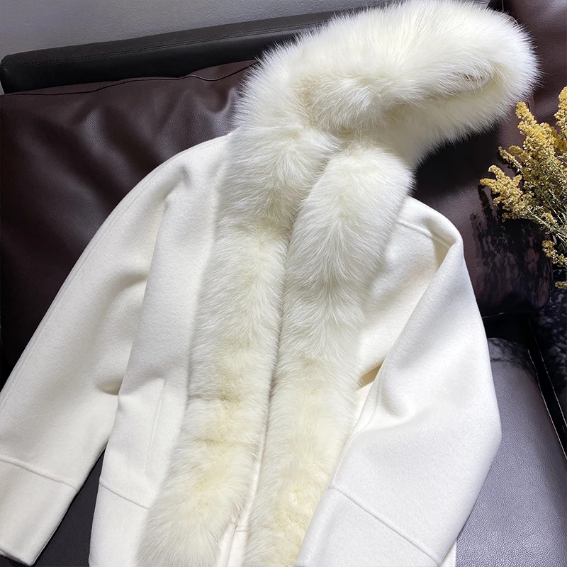 FURYOUME 2022 Winter Women Cloak Loose Cashmere Wool Blends Real Fur Coat Natural Fox Fur Collar Outerwear Fashion Streetwear