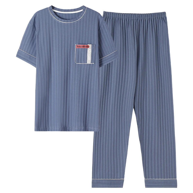 CAIYIER Summer Autumn Men's Cotton Pajamas O-Neck Short Sleeve + Long Pants Sleepwear Letter Embroidery Loungewear Plus Size 5XL