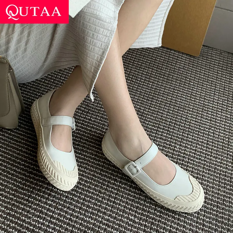 

QUTAA 2022 Flat Heels Round Toe Genuine Leather Women Shoes Spring Summer Mary Janes Casual Female Flats Shoes Size 34-39