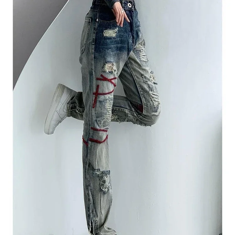 Прямые рваные джинсы контрастных цветов для женщин уличная одежда y2k нишевые