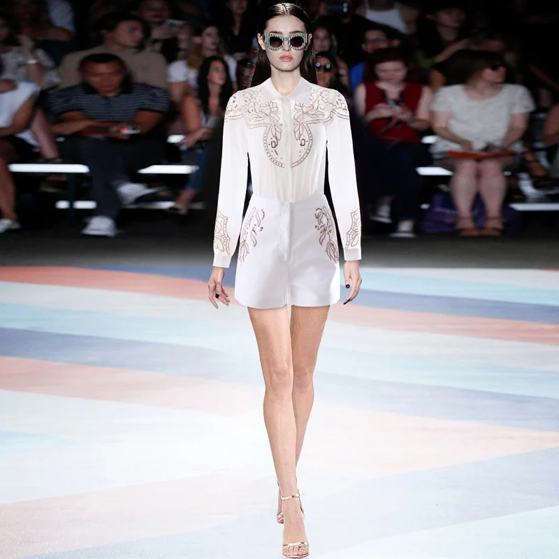 

Модный дизайнерский осенний короткий костюм, Женская сетчатая рубашка с длинным рукавом и вышивкой блестками и шорты, комплект из двух пред...