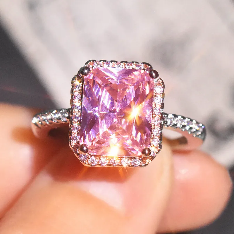 

Women Sweet Shiny Rings Inlay Bling Square Pink Yellow Cubic Zircon Exquisite Silver Jewellry Ring For Wedding Gifts