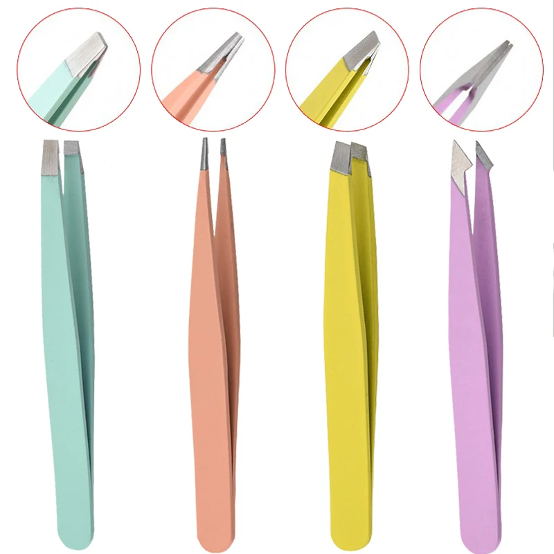 

Candy Color Eyebrow Trimming Tweezers Stainless Steel Simple Flat and Oblique Mouth Eyebrow Clip Hair Removal Pliers 1/4PCS