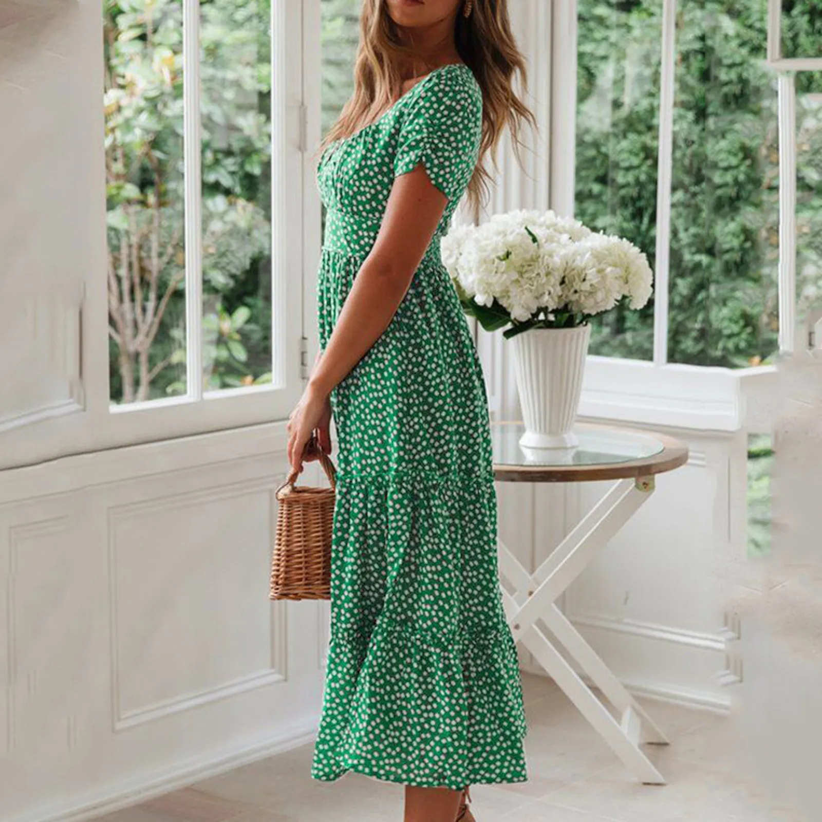 Женское Повседневное платье с цветочным принтом желтое пляжное миди квадратным