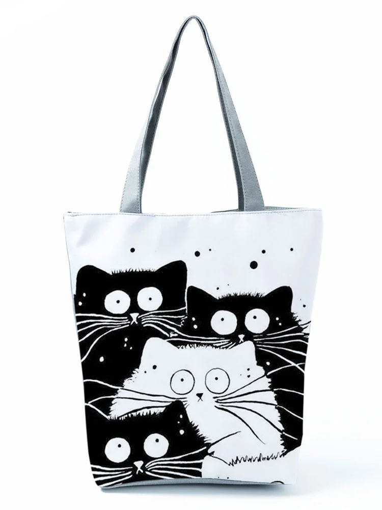 

Новые женские сумки-тоуты, черная, белая Милая ткань с принтом кошки, Женская Офисная многоразовая Повседневная сумка через плечо большой емкости для покупок