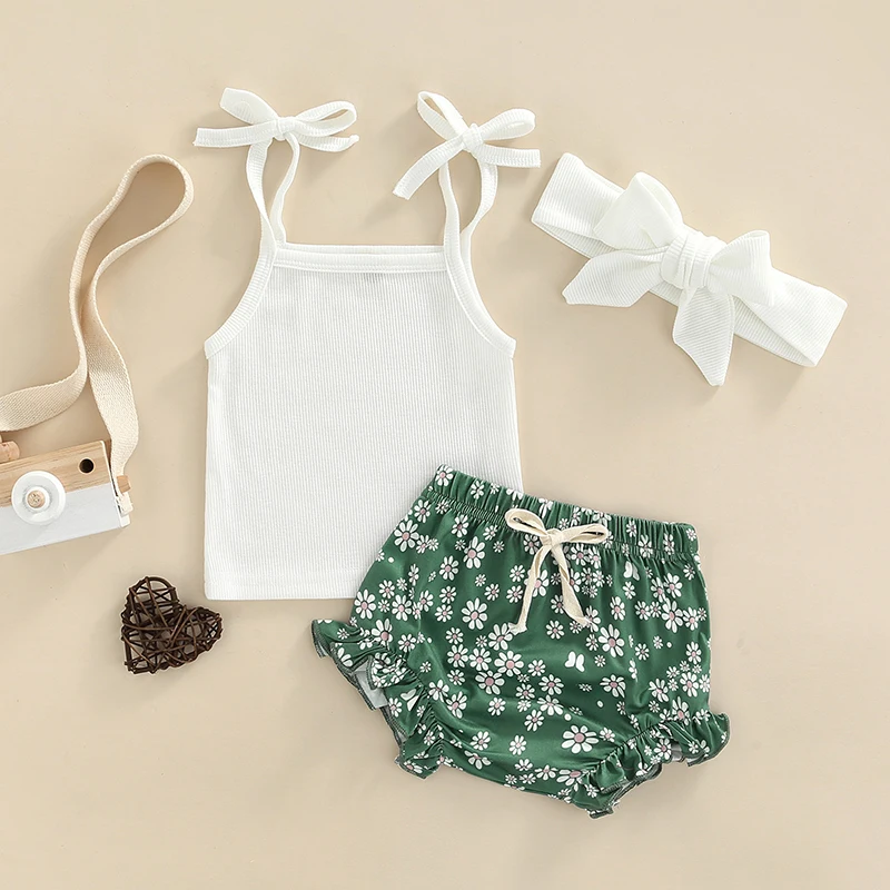 

0-18M Infant Girls Clothes Three-piece White Ribbed Tie-up Camisole Green Floral Print Shorts and Headdress Summer Outfits