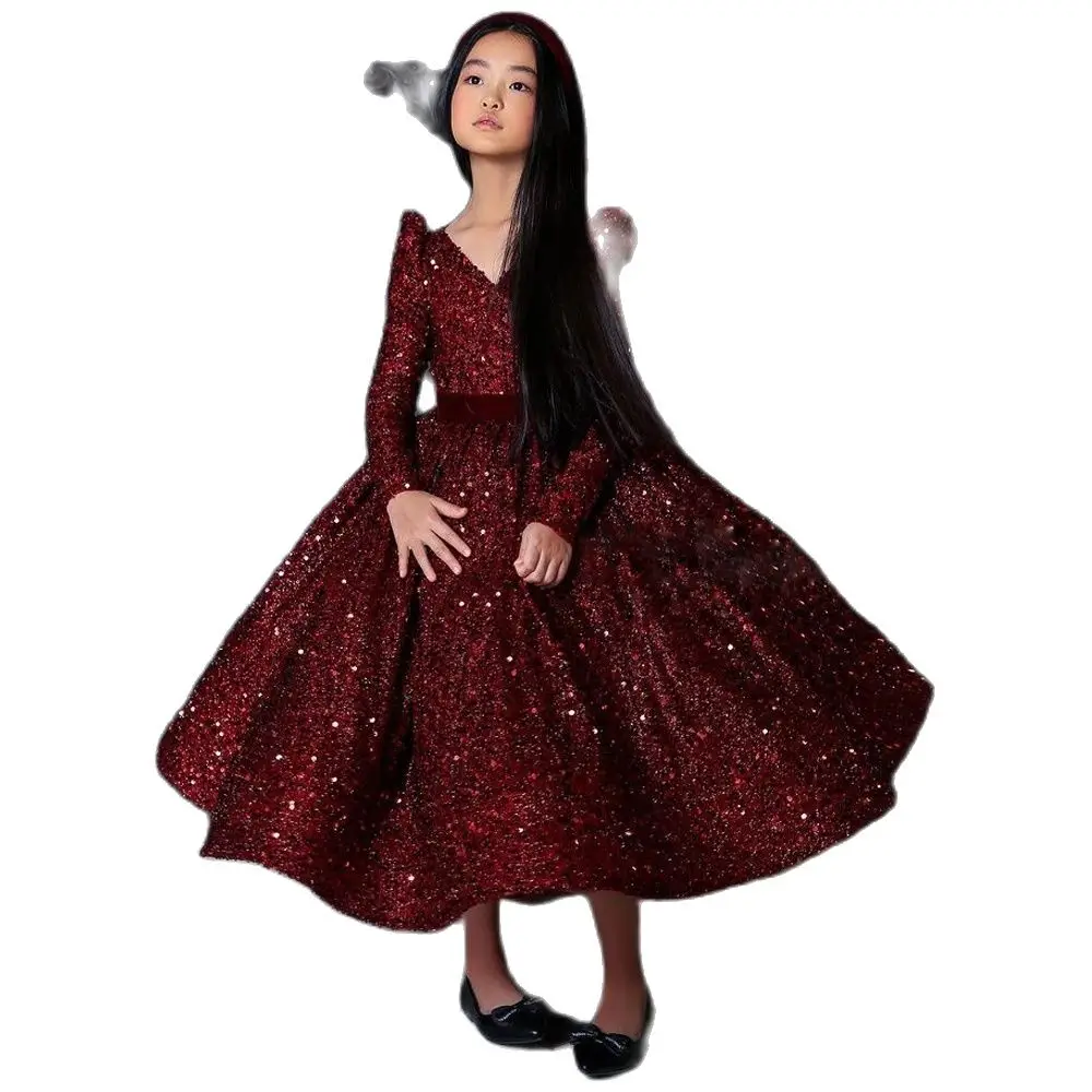 

Yipeisha Glitter Girl Party Dresses Sequin Pearls Burgundy Flower Girl Dress V Neck Long Sleeves Ball Gown Kids Pageant Gown