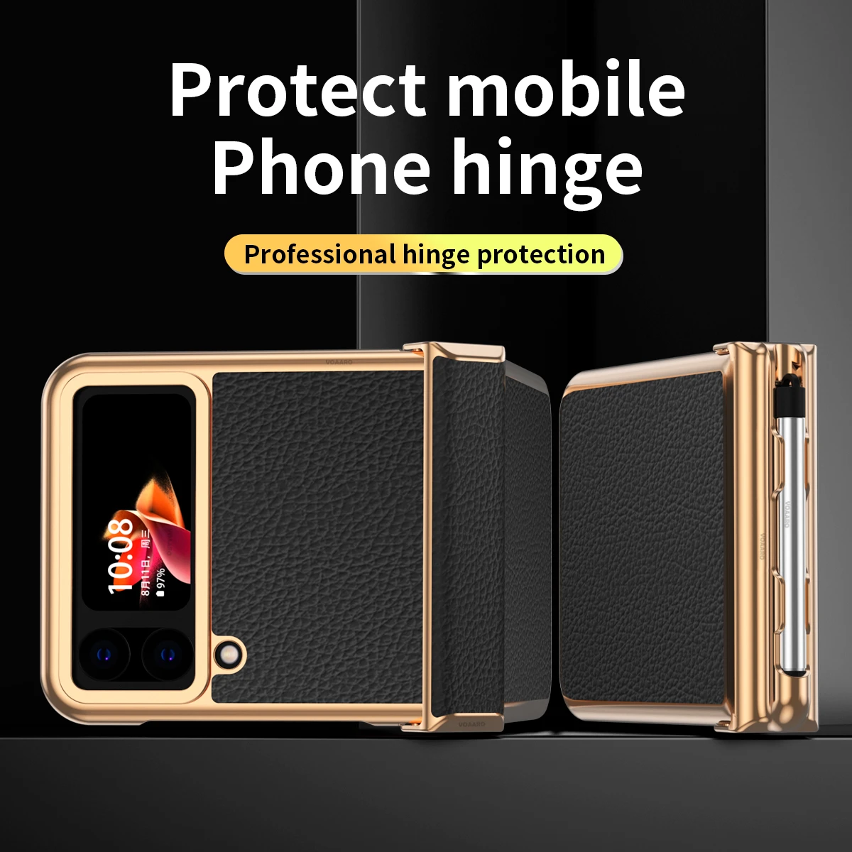 For Samsung Z Flip 4 Case Dual Hinge with Pen Slot Plating Leather Cover for Galaxy Z Flip 4 Hinge Case + Capacitance Touch Pen