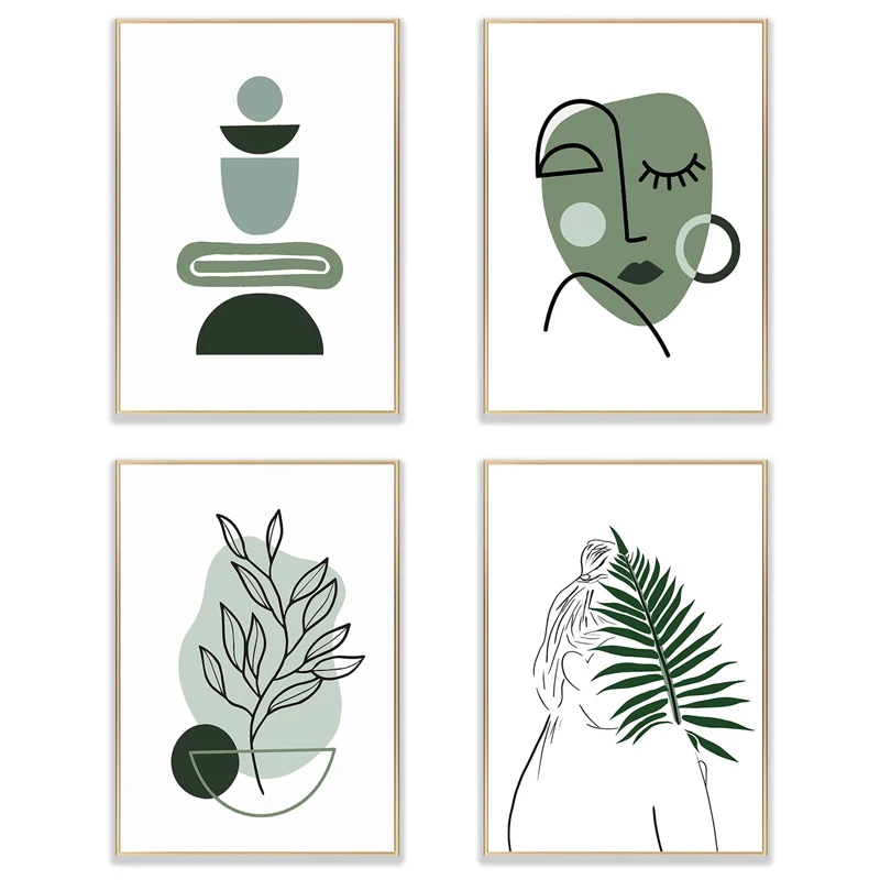 

Abstract Geometric Leaf Girl Canvas Painting Green Minimalist Figure Lines Poster Print Nordic Art Wall Pictures for Living Room