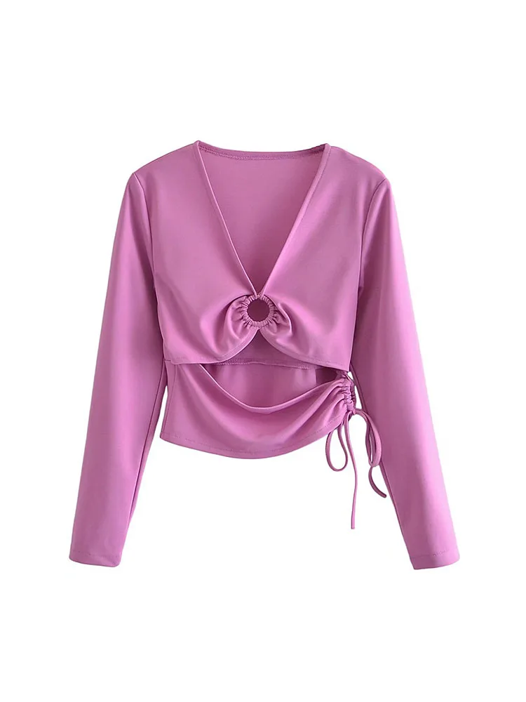 

YLJHQX Women Tops Summer Solid Color Long Sleeves V Neck Cutout Cropped Tshirt Slim Basic Clothes Party Clothing