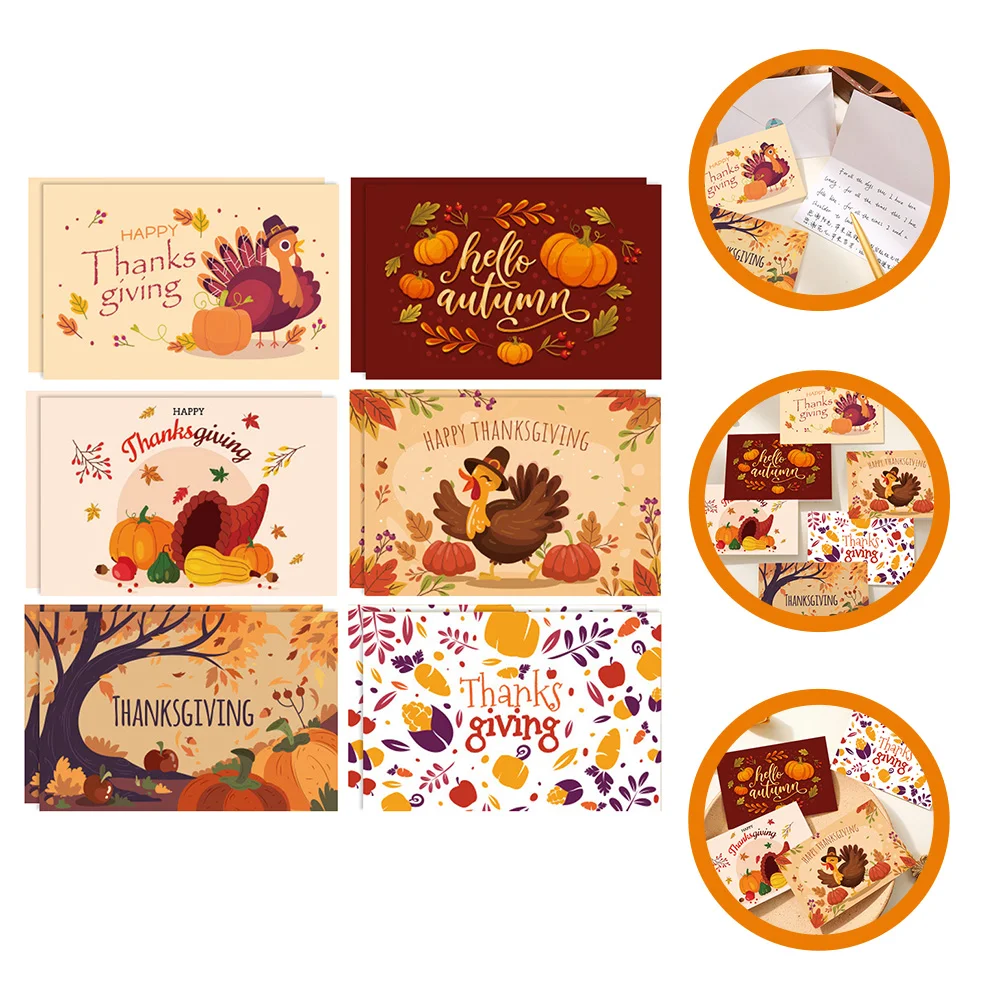 

12 Pcs Thanksgiving Festival Greeting Cards Note Party Supplies Decor Cartoon White Design Child