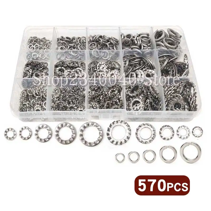570Pcs 304 Stainless Steel External/Interna Tooth Star Lock Washers Assortment Kit M4 M5 M6 M8 M10 Spring
