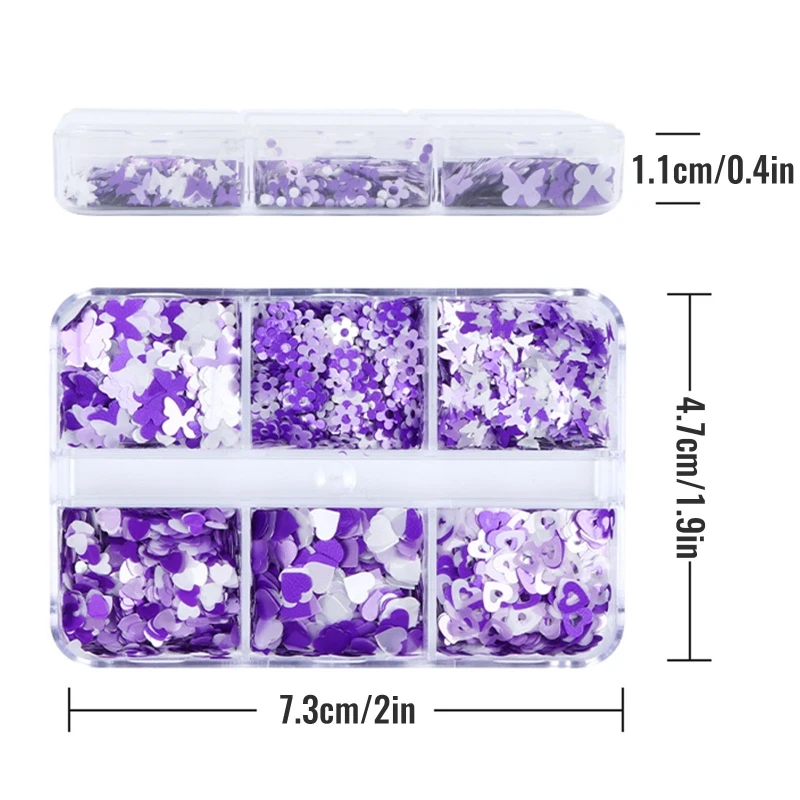 

652F 6Grids Boxed Butterfly Heart-shaped Nail Sequins Glitter Nail Glue Makeup Patch Nail Jewelry DIY Decoration Accessories