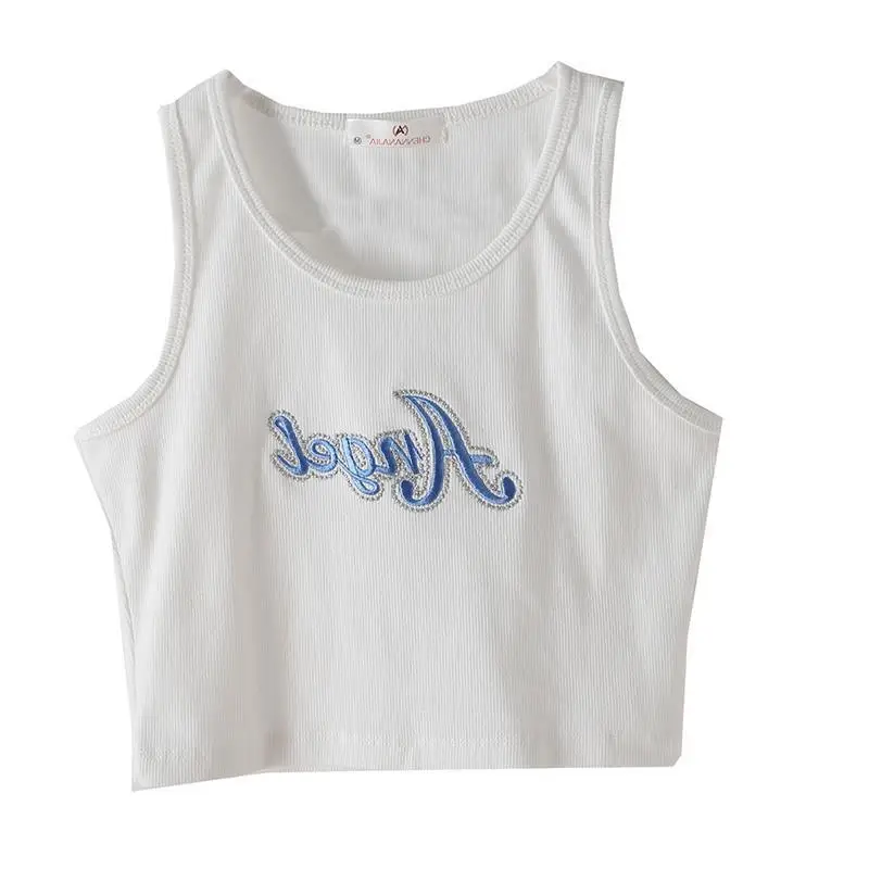 

Embroidered Letters High Waist Crop Top Women Breathable Camisole Ribbed Solid Color Streetwear Y2K Gyaru Clothing Tank Top