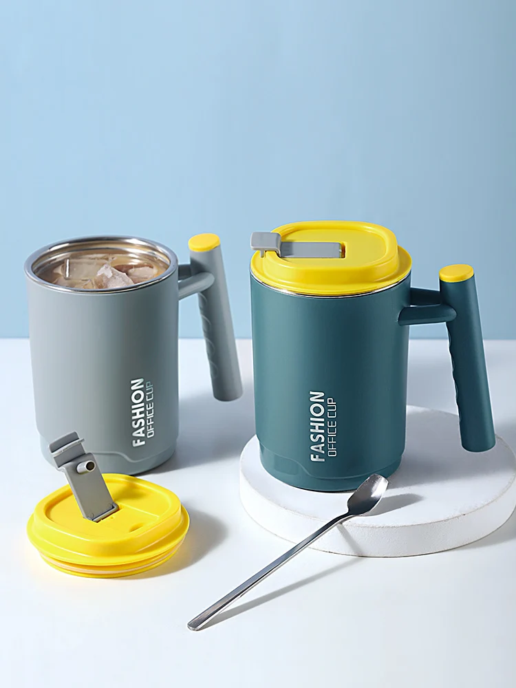 

Stainless steel creative Mug home drinking cup boys' tea cup with lid spoon office girls' oatmeal coffee cup