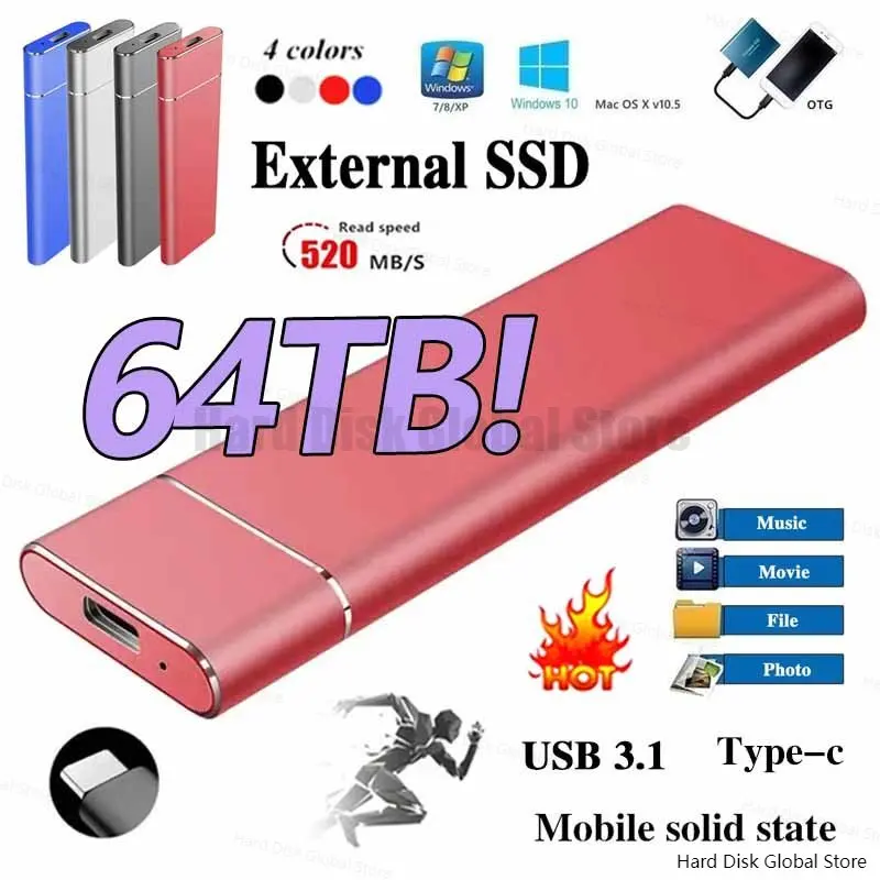

Portable External Solid State Drive High-speed 1TB 2TB 64TB SSD Mobile Storage Device USB3.1 Hard Drive for Laptops Computer