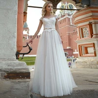 a line sheer o neck cap sleeve lace appliques tulle bridal gown for women with belt 2022 princess floor length wedding dresses