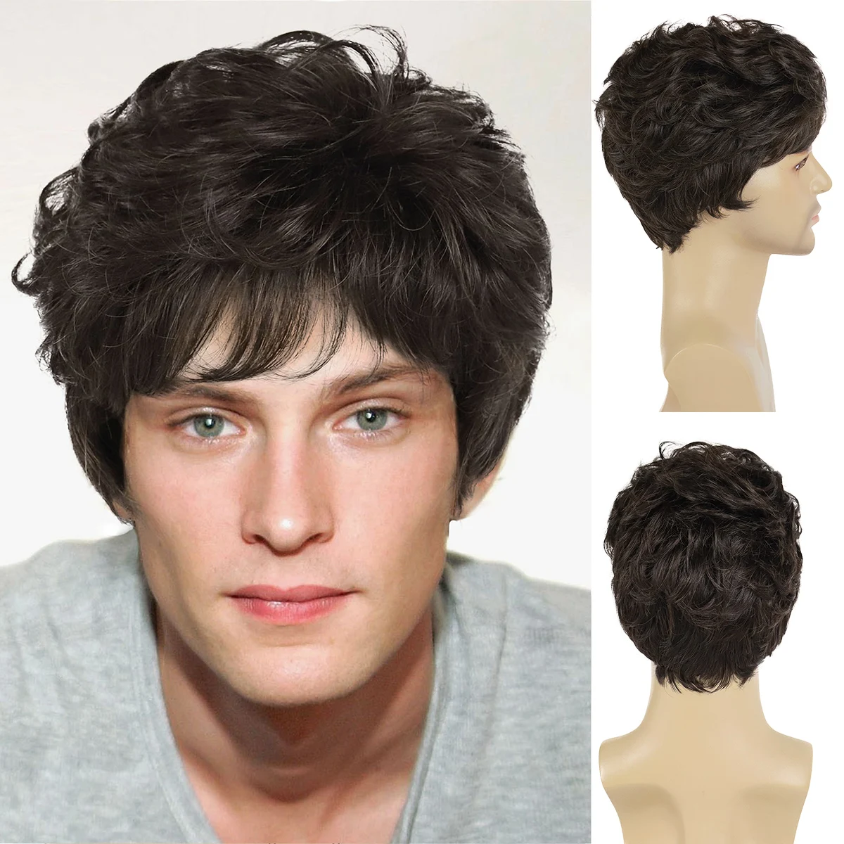 

GNIMEGIL Synthetic Male Wigs Curly Short Haircuts Brown Color with Bangs Layered Hairstyles Handsome Fashion Wigs Cosplay Daddy