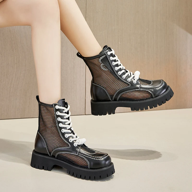 Summer Cool Boots Women's Thick Bottoming Thin Style Breathable 2023 New Small Mesh Gauze Leather Lace-up Fashion Ankle Boots