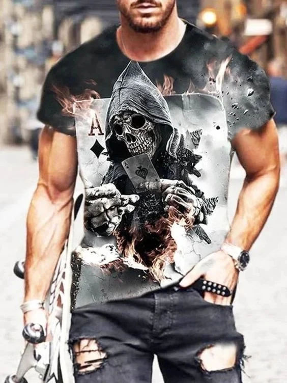

2023 Summer Men's Printed Casual Crew Neck Short Sleeve T-Shirt Playing Card Skull 3D Printed T Shirt