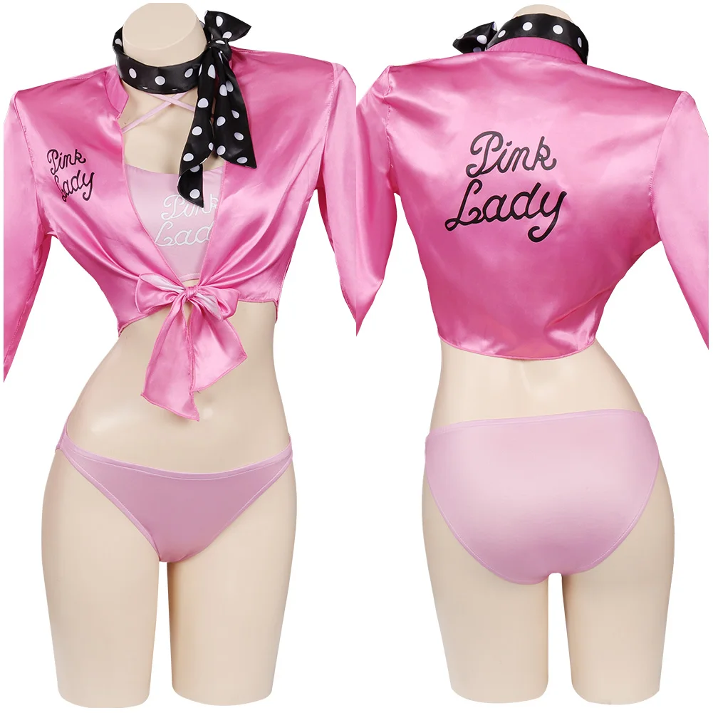 Retro Pink Ladies Grease Swimsuit Cosplay Costume Swimwear Jumpsuit Halloween Carnival Suit