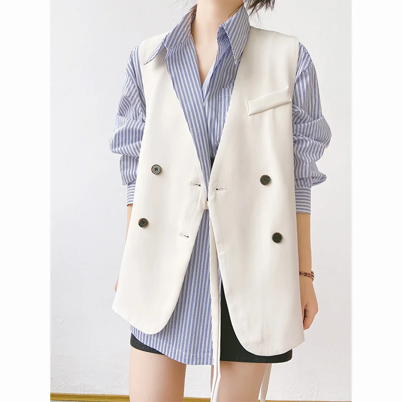 

Женский двубортный жилет на шнуровке, однотонный Свободный Повседневный жилет с V-образным вырезом без рукавов, верхняя одежда, весна-осень ...