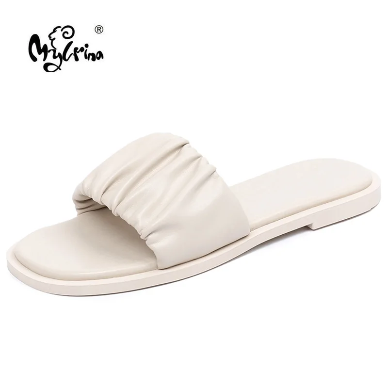 

MYLRINA Women Slippers Waterproof Leather Casual Slides Women Summer Shoes Retro Solid Color Female Shoes Low Heels Flip Flops