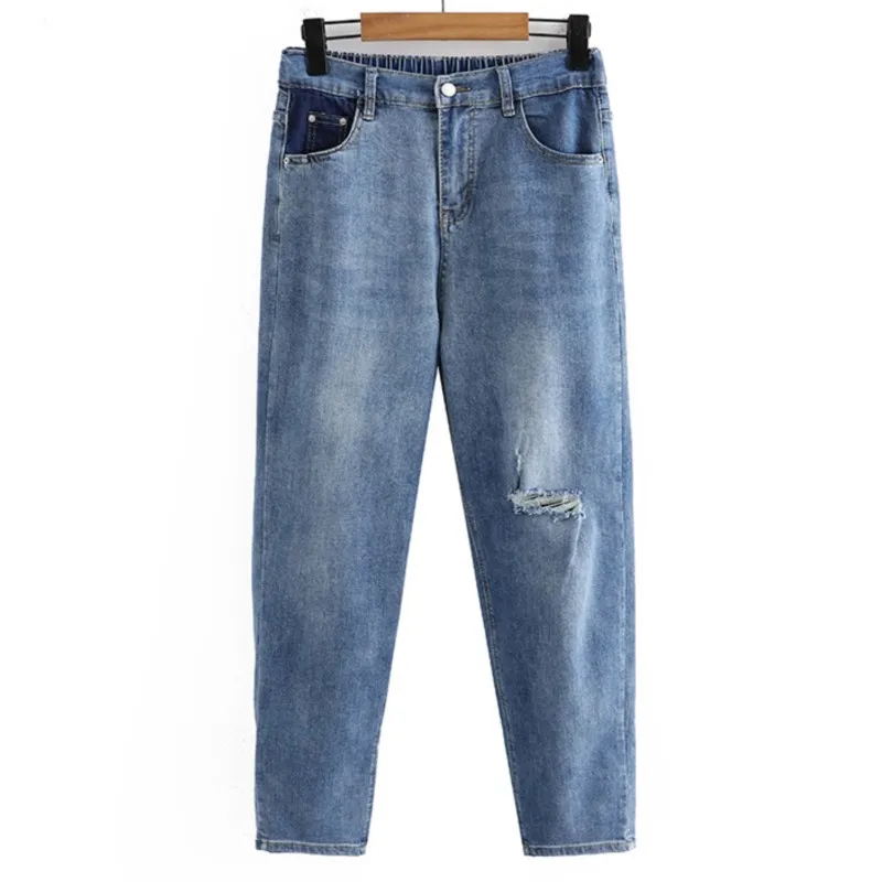 

Plus Size Women Jeans Oversized Curve Clothes Thin And High Waist Knee Holes Stretch Denim Harem Pants Summer 2023