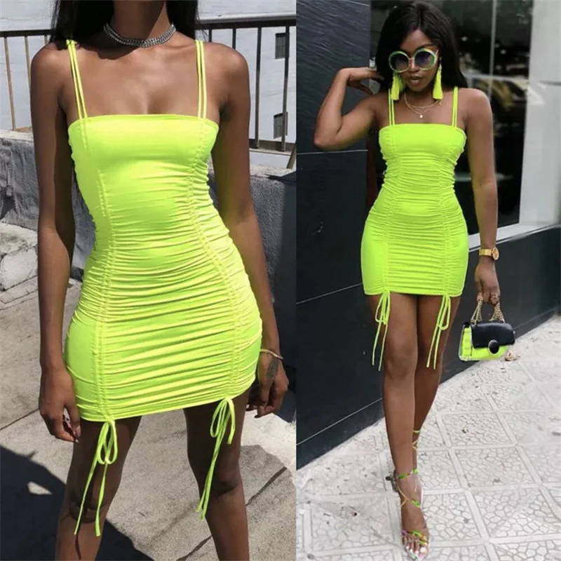 

2023elegant casual dress,Hot women's clothing summer new sexy suspender tight skirt solid color wrinkle bandage dress