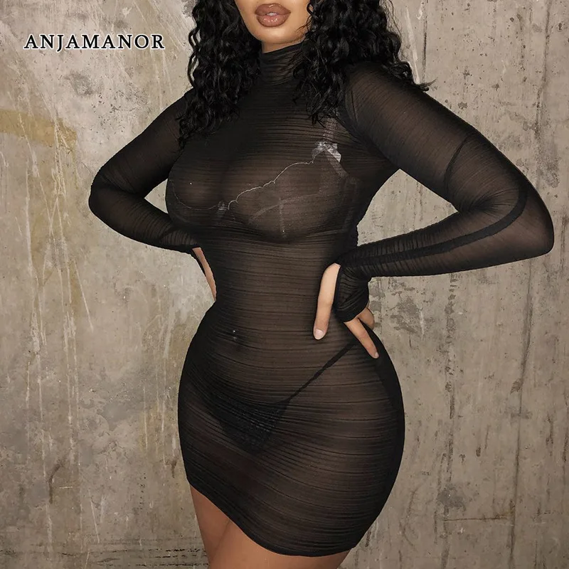 

ANJAMANOR Transparent Mesh Black Bodycon Dress Sexy Night Club Party Wear Ruched Long Sleeve Mini Dresses for Women D85-BF17