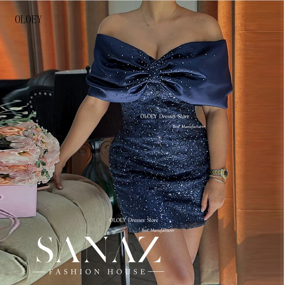 

Блестящее темно-синее атласное короткое коктейльное платье OLOEY, блестящее мини-платье с открытыми плечами для выпускного вечера, вечерние платья для ночного мероприятия