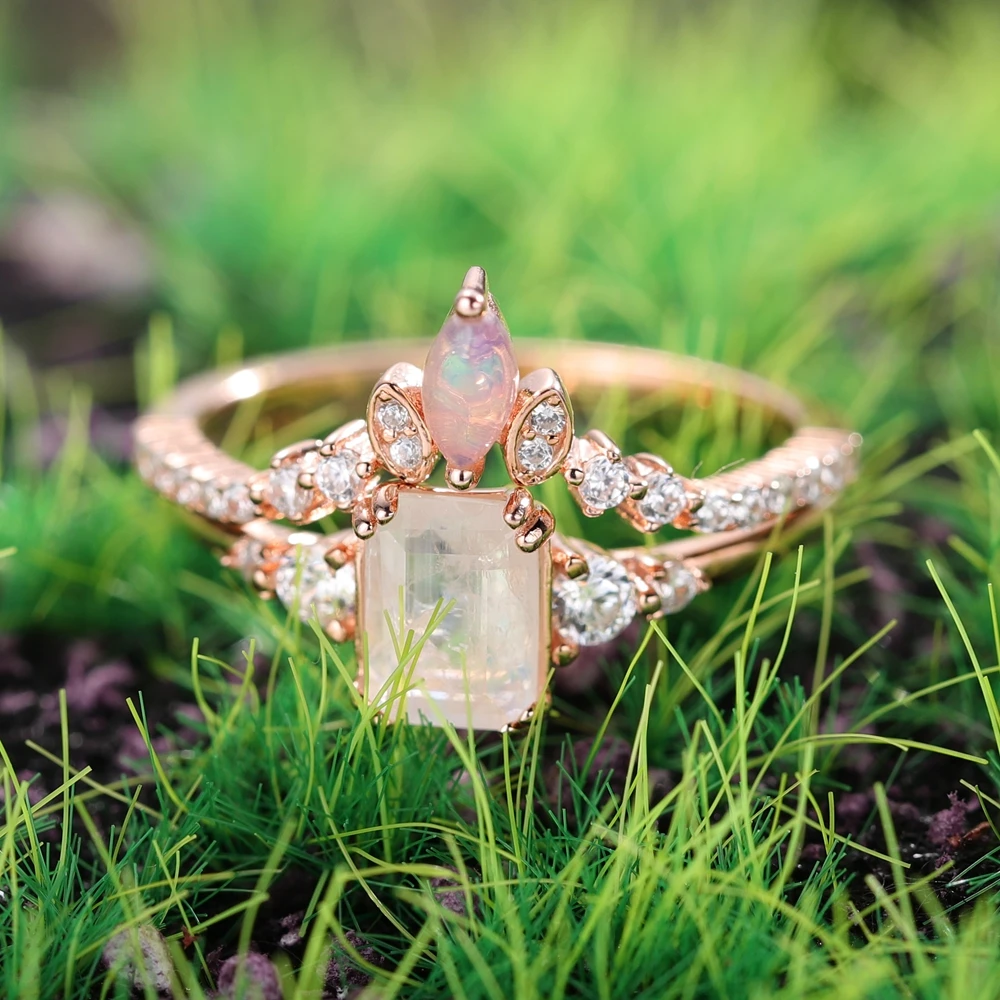 

GEM'S BALLET 925 Sterling Silver Engagement Rings Set For Women Band Stacking Moonstone Opal Fine Jewelry Wedding Gift For Girl
