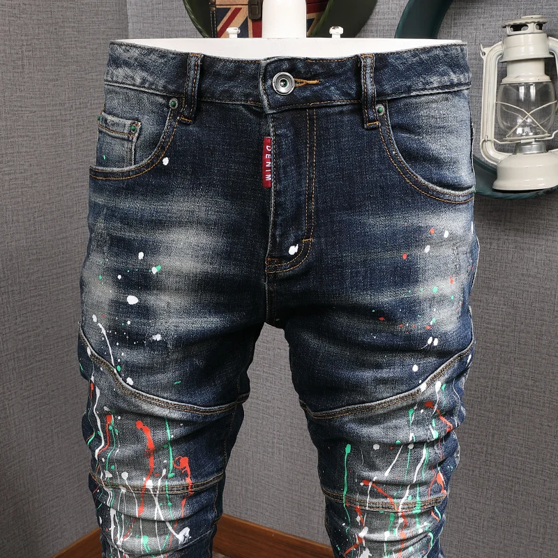 Fashion Streetwear Men Jeans High Quality Slim Fit Paint Designer Jeans Men Elastic Hip Hop Pants Spliced Biker Jeans Homme